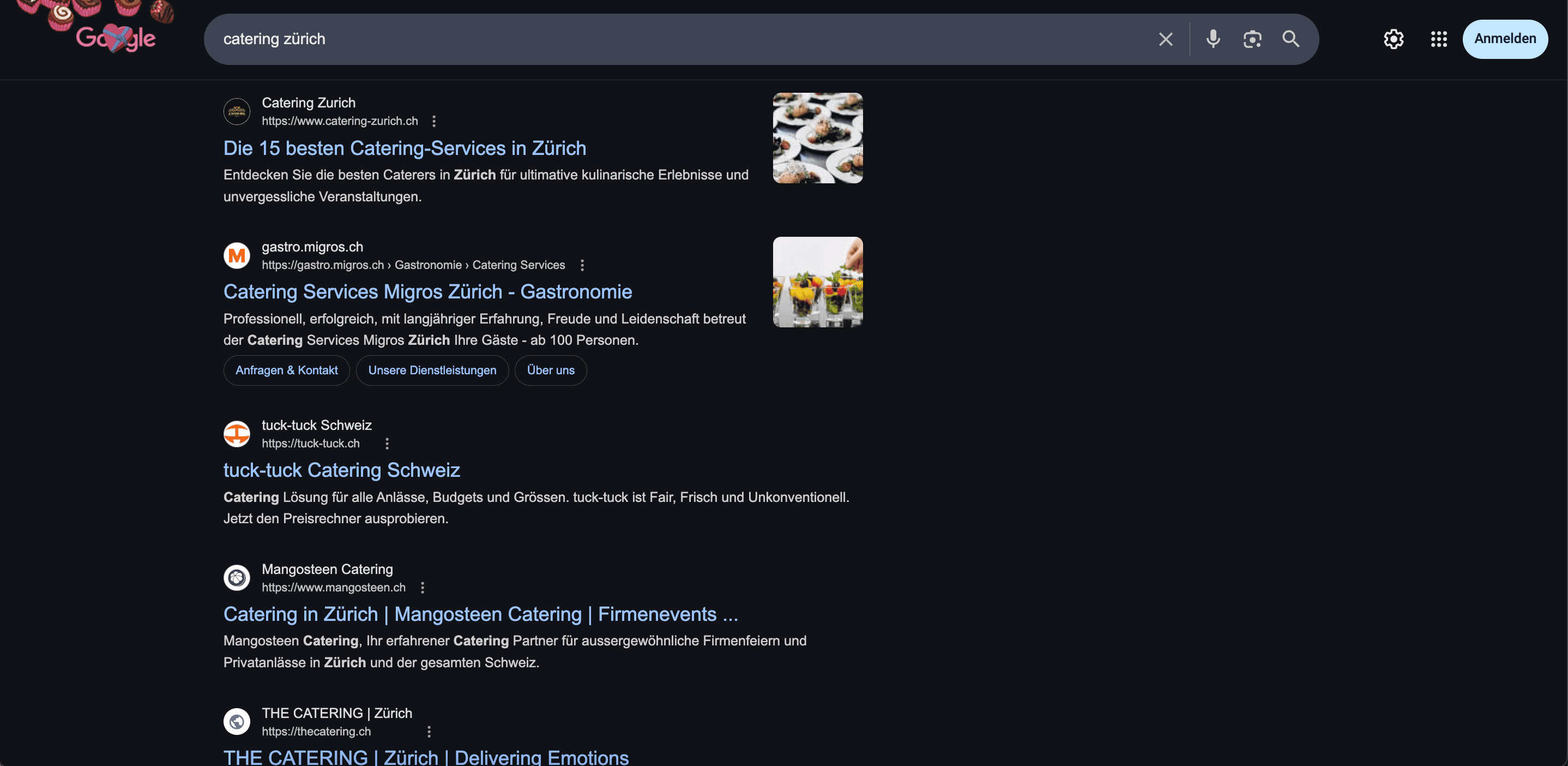 Screenshot der Google-Suchergebnisse für das Keyword "Catering Zürich"